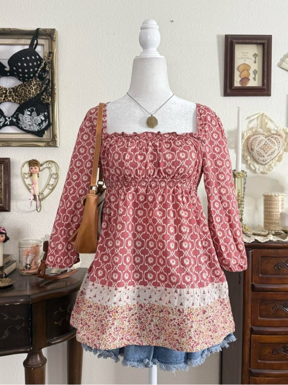 y2k boho quirky whimsical patchwork floral milkmaid babydoll top | size M